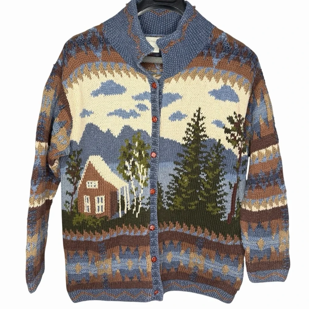 Vintage Northern Isles Women L Cardigan Sweater Forest Cabin Tree Winter Knit - Picture 2 of 13